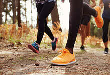 Running shoes on a forest trail during outdoor exercise.