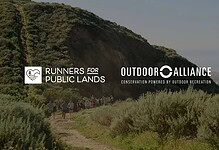 Hikers walking along a trail near a green hillside with logos for Runners for Public Lands and OutdO.